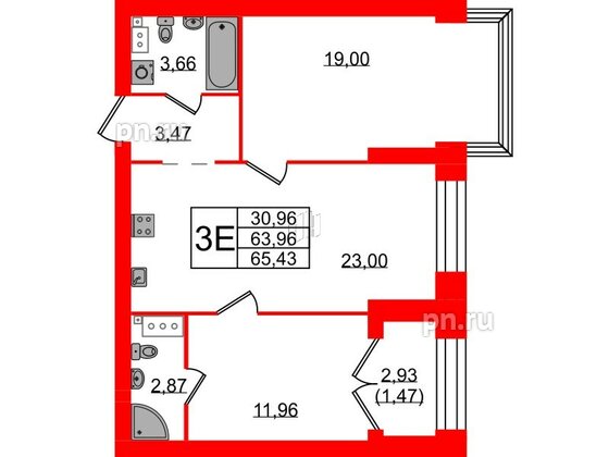 Квартира в ЖК Наука, 2 комнатная, 65.43 м², 10 этаж