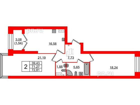 Квартира в ЖК Наука, 2 комнатная, 72.81 м², 12 этаж