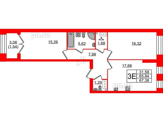 Квартира в ЖК Наука, 2 комнатная, 67.38 м², 2 этаж