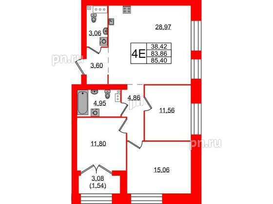 Квартира в ЖК Наука, 3 комнатная, 85.4 м², 2 этаж