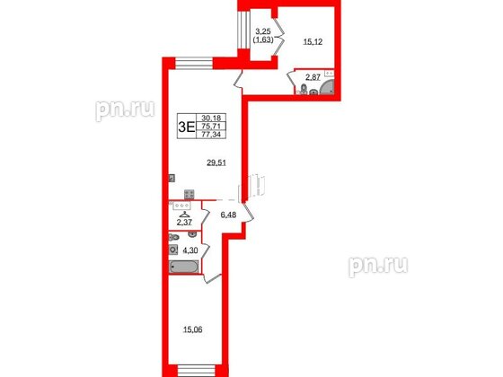 Квартира в ЖК Наука, 2 комнатная, 77.34 м², 3 этаж