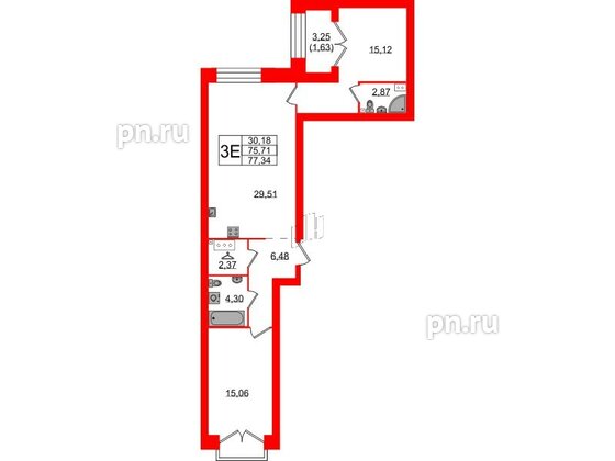 Квартира в ЖК Наука, 2 комнатная, 77.34 м², 9 этаж