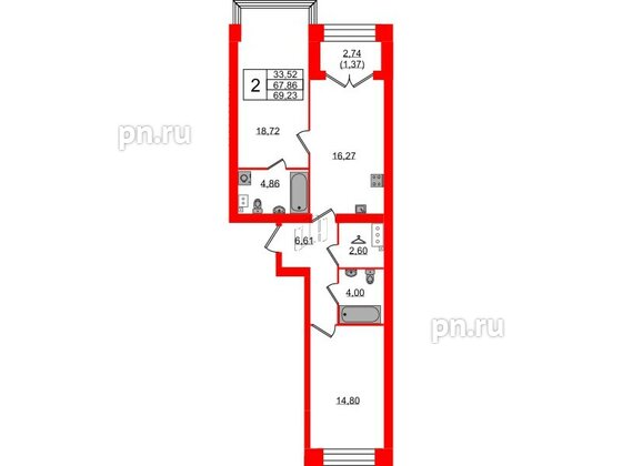 Квартира в ЖК Наука, 2 комнатная, 69.23 м², 11 этаж