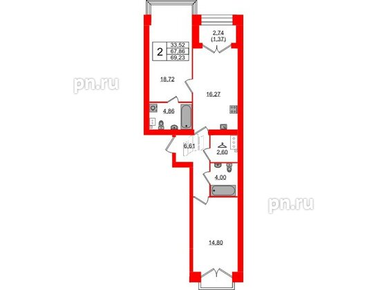 Квартира в ЖК Наука, 2 комнатная, 69.23 м², 12 этаж