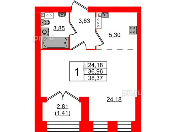 Квартира в ЖК Наука, 1 комнатная, 38.37 м², 2 этаж