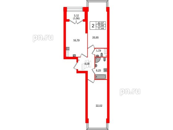 Квартира в ЖК Наука, 2 комнатная, 77.44 м², 7 этаж