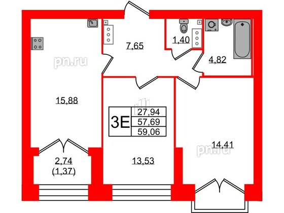 Квартира в ЖК Наука, 2 комнатная, 59.06 м², 12 этаж