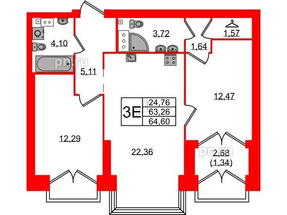 Квартира в ЖК Наука, 2 комнатная, 64.6 м², 13 этаж