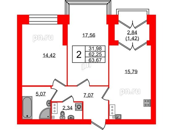 Квартира в ЖК Наука, 2 комнатная, 63.67 м², 11 этаж