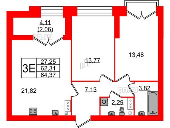 Квартира в ЖК Наука, 2 комнатная, 64.37 м², 9 этаж