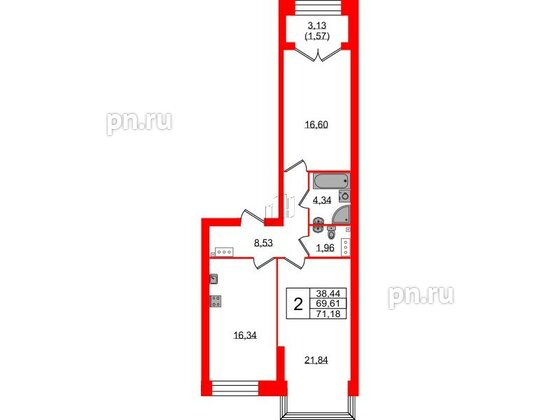 Квартира в ЖК Наука, 2 комнатная, 71.18 м², 8 этаж