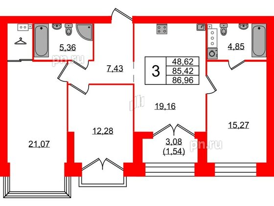 Квартира в ЖК Наука, 3 комнатная, 86.96 м², 9 этаж