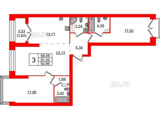 Квартира в ЖК Наука, 3 комнатная, 92.66 м², 9 этаж