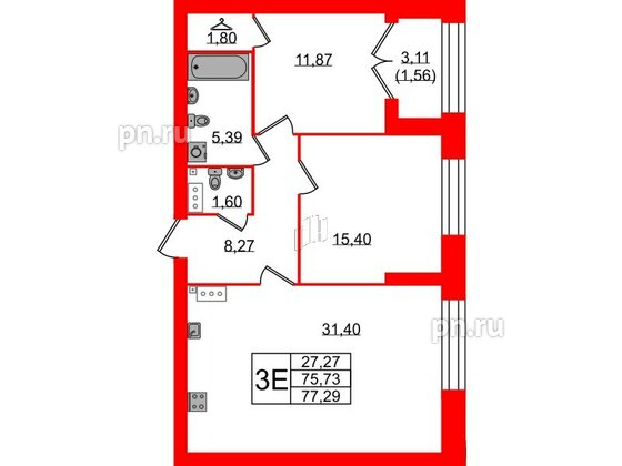 Квартира в ЖК Наука, 2 комнатная, 77.29 м², 3 этаж