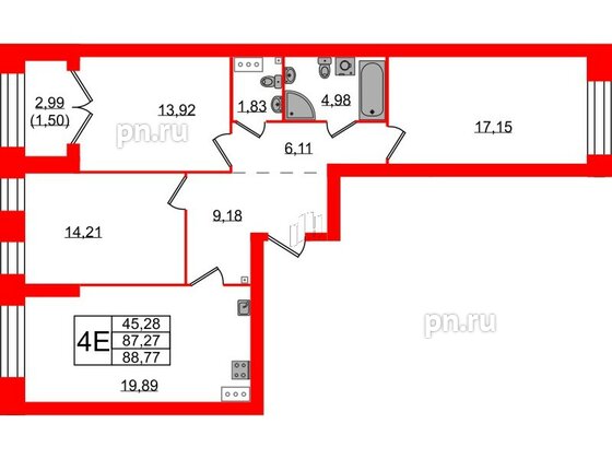 Квартира в ЖК Наука, 3 комнатная, 88.77 м², 2 этаж