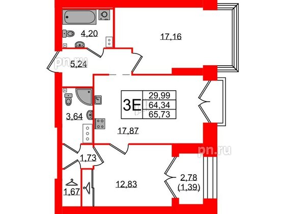 Квартира в ЖК Наука, 2 комнатная, 65.73 м², 13 этаж