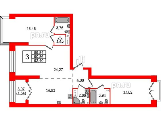 Квартира в ЖК Наука, 3 комнатная, 92.4 м², 11 этаж