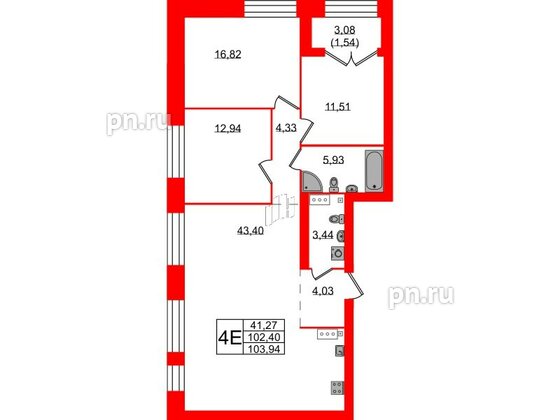 Квартира в ЖК Наука, 3 комнатная, 103.94 м², 2 этаж