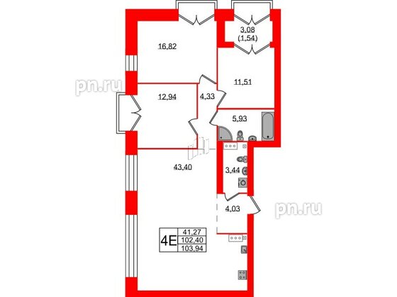 Квартира в ЖК Наука, 3 комнатная, 103.94 м², 12 этаж