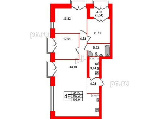 Квартира в ЖК Наука, 3 комнатная, 103.94 м², 13 этаж