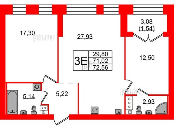 Квартира в ЖК Наука, 2 комнатная, 72.56 м², 2 этаж