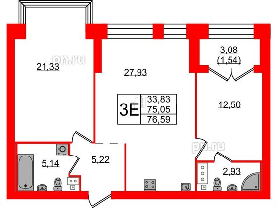 Квартира в ЖК Наука, 2 комнатная, 76.59 м², 6 этаж