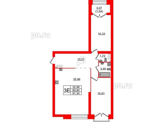 Квартира в ЖК Наука, 2 комнатная, 91.34 м², 9 этаж