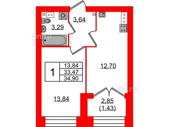 Квартира в ЖК Наука, 1 комнатная, 34.9 м², 13 этаж