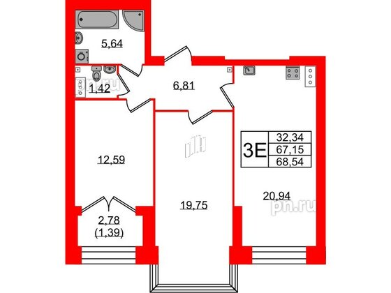 Квартира в ЖК Наука, 2 комнатная, 68.54 м², 9 этаж