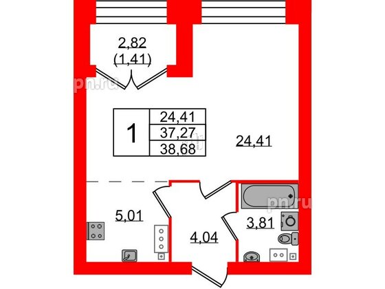 Квартира в ЖК Наука, 1 комнатная, 38.68 м², 10 этаж