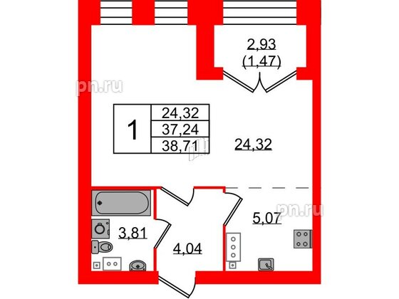 Квартира в ЖК Наука, 1 комнатная, 38.71 м², 2 этаж