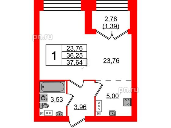 Квартира в ЖК Наука, 1 комнатная, 37.64 м², 2 этаж