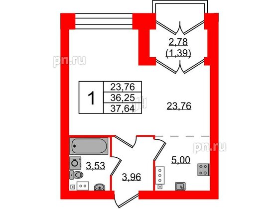 Квартира в ЖК Наука, 1 комнатная, 37.64 м², 8 этаж