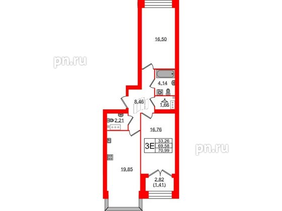 Квартира в ЖК Наука, 2 комнатная, 70.99 м², 6 этаж