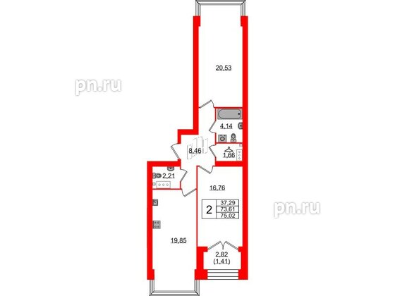 Квартира в ЖК Наука, 2 комнатная, 75.02 м², 9 этаж