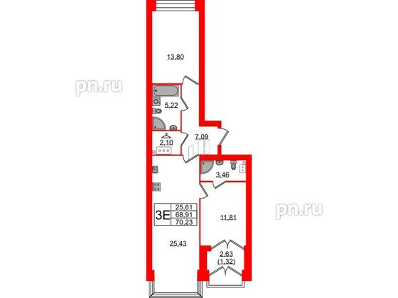 Квартира в ЖК Наука, 2 комнатная, 70.23 м², 9 этаж