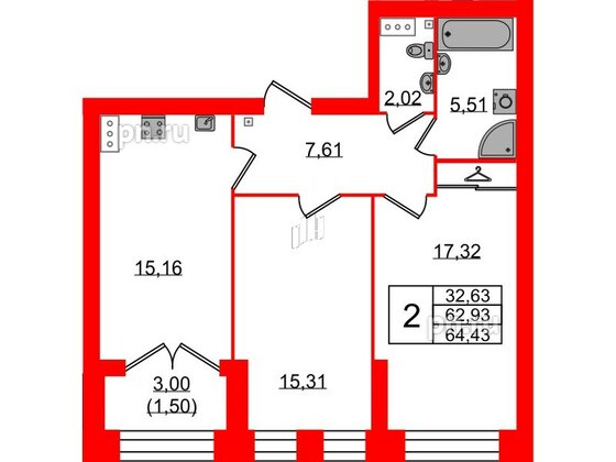 Квартира в ЖК Наука, 2 комнатная, 64.43 м², 2 этаж