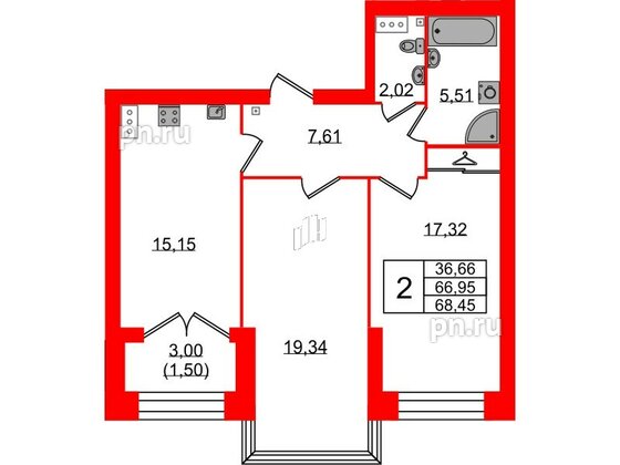 Квартира в ЖК Наука, 2 комнатная, 68.45 м², 4 этаж