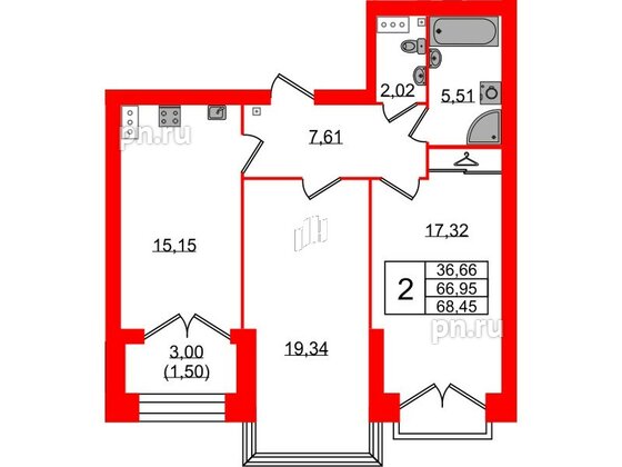 Квартира в ЖК Наука, 2 комнатная, 68.45 м², 9 этаж