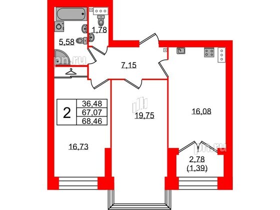 Квартира в ЖК Наука, 2 комнатная, 68.46 м², 7 этаж