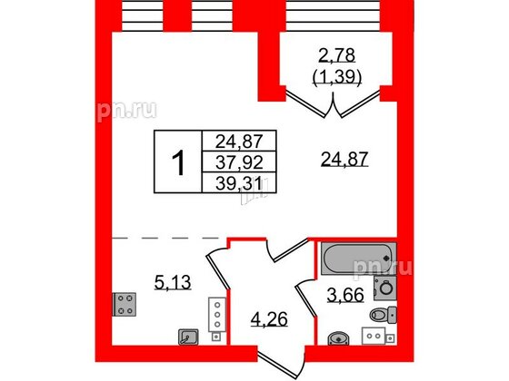 Квартира в ЖК Наука, 1 комнатная, 39.31 м², 2 этаж