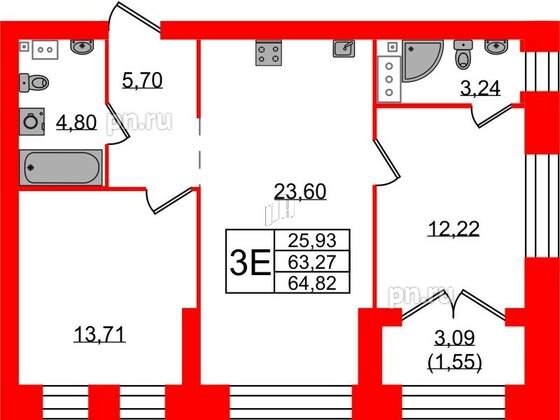 Квартира в ЖК Наука, 2 комнатная, 64.82 м², 2 этаж