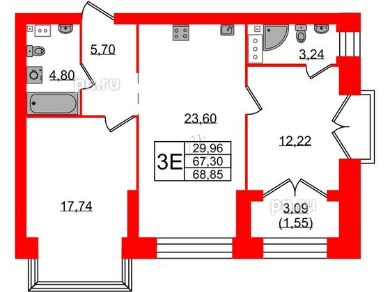 Квартира в ЖК Наука, 2 комнатная, 68.85 м², 6 этаж