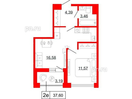 Квартира в ЖК Коллекционный дом 1919, 1 комнатная, 37.6 м², 2 этаж