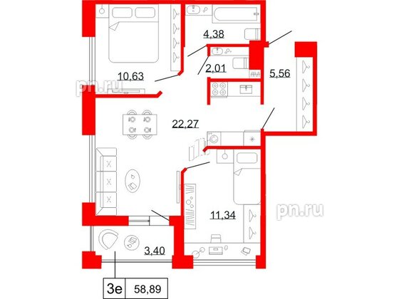 Квартира в ЖК Коллекционный дом 1919, 2 комнатная, 58.89 м², 2 этаж