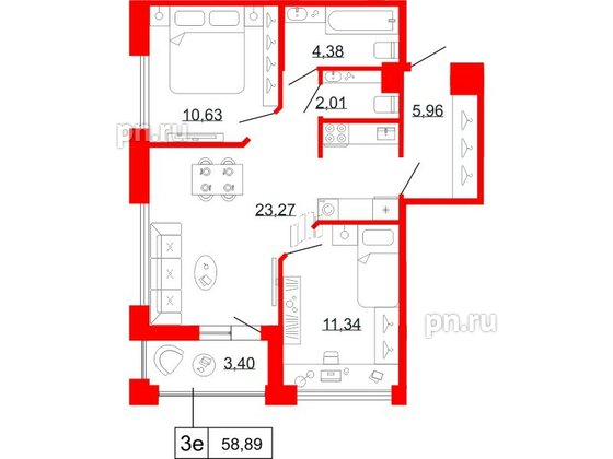 Квартира в ЖК Коллекционный дом 1919, 2 комнатная, 58.89 м², 5 этаж