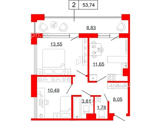 Квартира в ЖК Коллекционный дом 1919, 2 комнатная, 53.74 м², 3 этаж