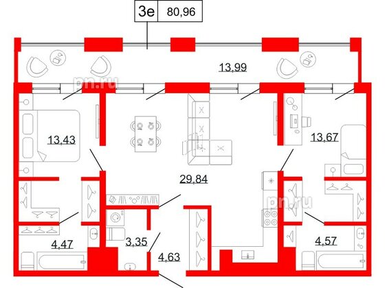 Квартира в ЖК Коллекционный дом 1919, 2 комнатная, 80.96 м², 9 этаж