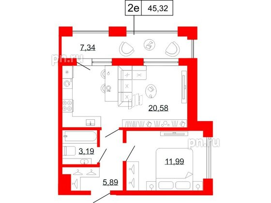 Квартира в ЖК Коллекционный дом 1919, 1 комнатная, 45.32 м², 8 этаж