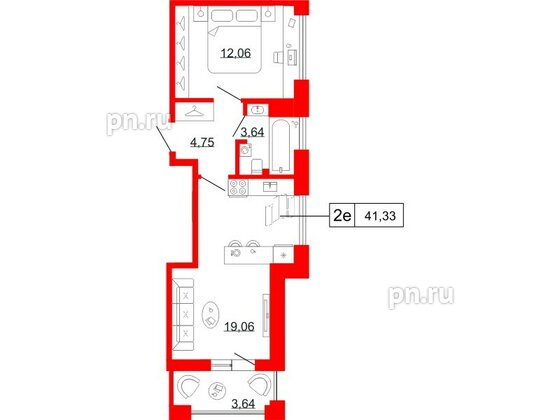 Квартира в ЖК Коллекционный дом 1919, 1 комнатная, 41.33 м², 4 этаж